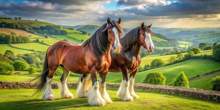 Majestic shire horses with feathered legs and gleaming coats stand proudly in a lush green meadow, surrounded by rolling hills and a serene countryside landscape.