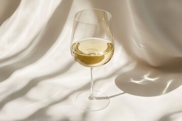 Glass of white wine on beige minimal aesthetic background