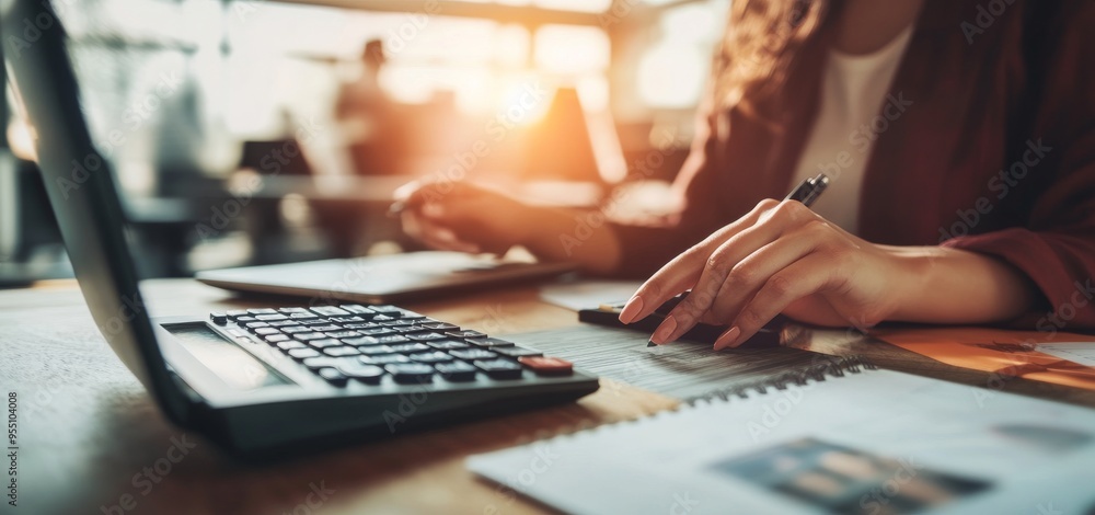Poster an office worker calculating monthly expenses and managing budgets. close-up of woman working at a t