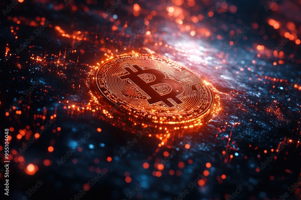 Poster bitcoin cryptocurrency glowing on digital abstract surface