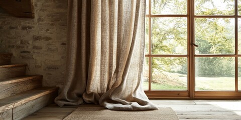 Rustic window with linen curtains and wooden steps.