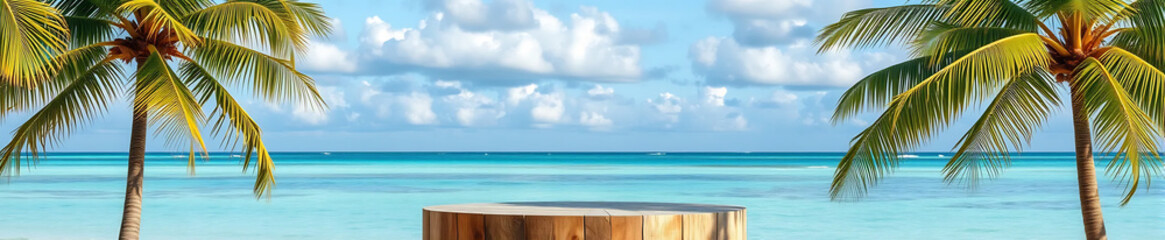 Fototapeta premium Summer Podium Display on Wooden Platform at Tropical Beach with Copy Space