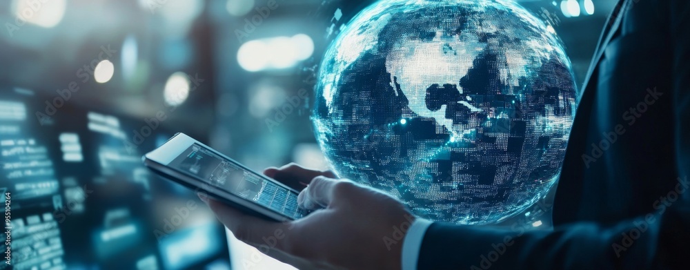 Poster data science, business intelligence, programmers using tablets, global internet network, and digital