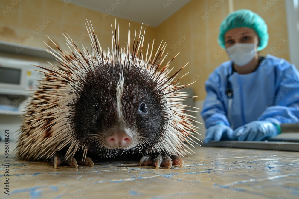 Poster close-up of a porcupine with sharp quills and claws