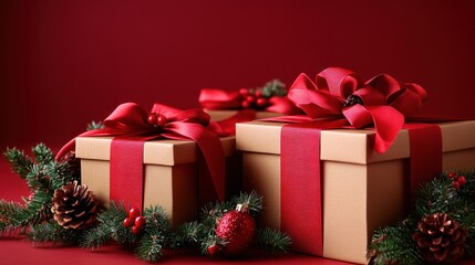 Elegant holiday gifts with red ribbons and pine, ready for celebration