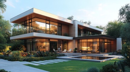 Modern house with large windows and pool surrounded by greenery.