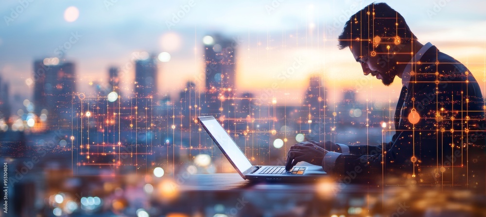 Poster businessman using computer, global internet network connection, data analysis, data science, busines