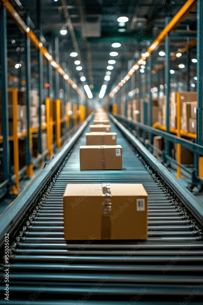 Poster automated conveyor, conveyor belts move packages efficiently in a high-tech warehouse, highlighting 