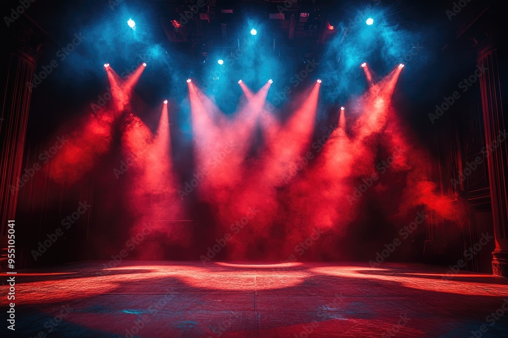 Poster empty theater stage being illuminated by spotlights and filled with smoke