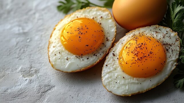 Two halved fried eggs showcase bright yolks, seasoned and ready to enjoy