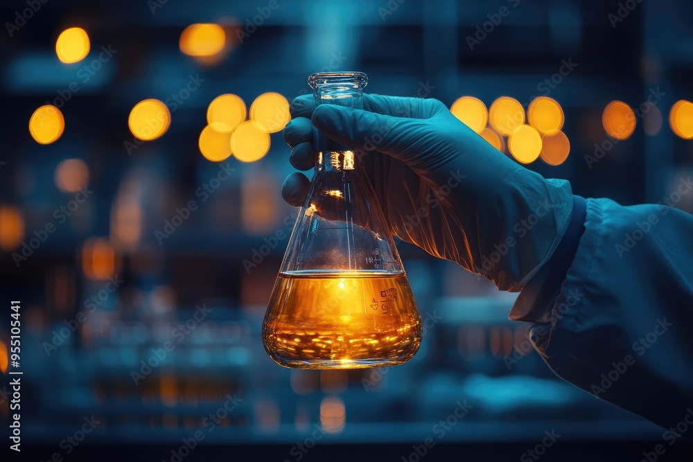 Poster scientist holding beaker with yellow liquid in laboratory setting