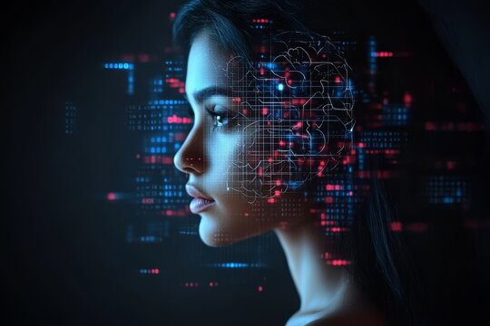 Lateral thinking Brain circuit Profile of a woman&rsquo;s face merged with complex data and code symbolizing the integration of human intelligence and artificial neural networks
