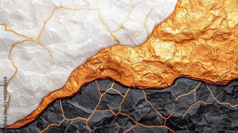 Poster elegant abstract texture featuring shimmering gold, white, and black layers with intricate patterns,