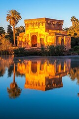 Obraz premium An ancient building stands tall, reflecting in the still waters of a pond at sunrise.