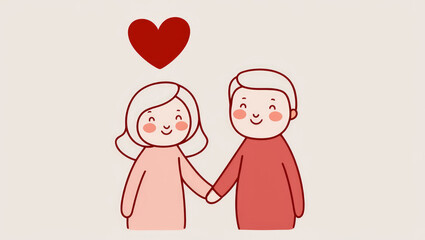 Cute Couple in love. Red heart above them. Minimalist illustration. Print, Valentines Day, love poster. AI generated