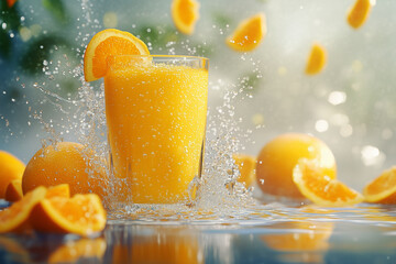 The photo vibrant fresh fruits color and glossy surface are captured surrounded by water splashes. The scene is bright enhancing the fresh with a glass of juice beside 