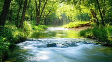Tranquil river with lush green banks and clear water flowing gently, creating a serene summer setting