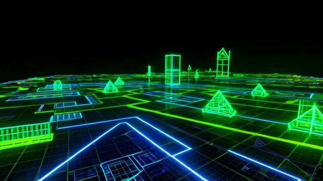 Futuristic digital landscape showcasing neon grid architecture and geometric shapes in a dynamic, immersive environment.