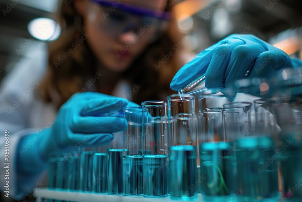Aufkleber scientist analyzing samples in test tubes in the laboratory