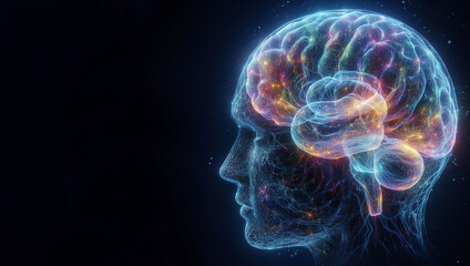 Hologram of the brain. Wireframe glowing low poly design on dark background, healthy brain concept