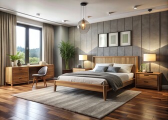 Fototapeta premium Modern Bedroom Interior With A Complete Furniture Set, Including A Bed, Dresser, Nightstands, And A Desk With A Chair And Lamp