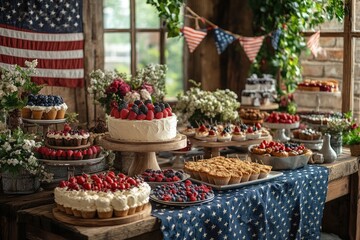Fototapeta premium Dessert table decorated with american flag theme for 4th of july celebration