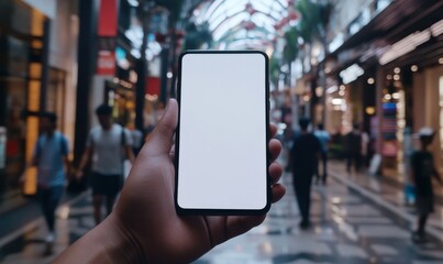 People walking in front of department store and man using blank screen mobile phone