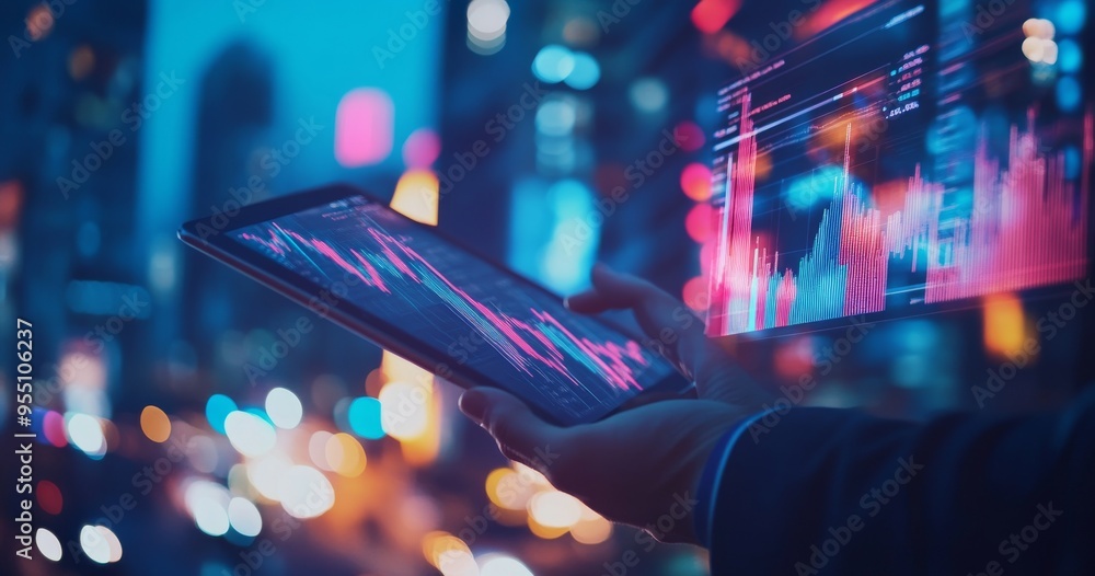Poster investing in the stock market using a laptop computer to analyze the trading data and view informati