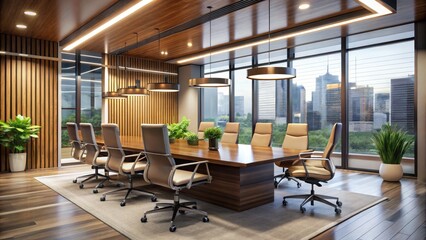 Modern corporate office interior with sleek, high-backed chairs, polished wood conference table, and illuminated LED lighting, surrounded by floor-to-ceiling glass walls.