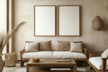 This Japanese home interior design of a modern living room features a square coffee table near a white sofa and rustic cabinets against a white wall. The poster frames in the wall have blank spaces