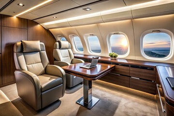 Fototapeta premium Modern executive chair and sleek desk sit amidst aircraft interior, surrounded by curved windows, seats, and overhead compartments, blending work and travel luxury.