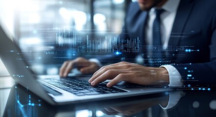 Businessman using AI on laptop computer analyzing big data on virtual interface, data science, Business Intelligence.