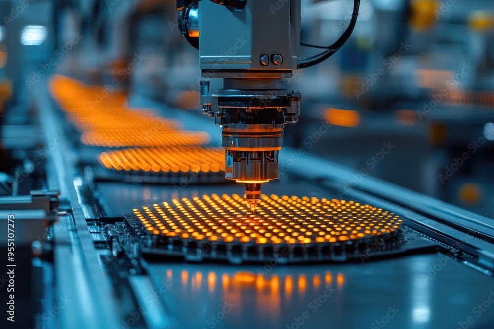 Poster pick and place machine placing components on a pcb in a modern factory