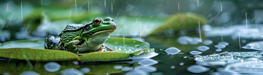 Obraz premium Whimsical Frog on Lily Pad in Rainy Pond Captivating the Charm of Nature