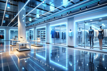 Transformative 3D AI-Driven Retail Space Background Concept with Interactive Displays and Digital Price Tags - Cost Management and Innovation Highlighted