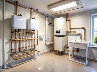 Modern gas boiler system installed in a tidy, well-lit residential utility room with pipework and meters, showcasing efficient home heating and hot water solution.
