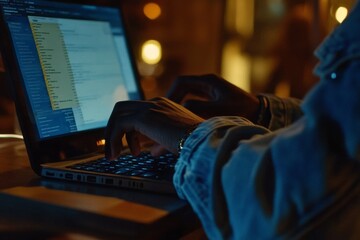 Hands of businesswoman typing on laptop computer, surfing the internet, remote working from office with mobile phone, digital tablet on office table, close up, telecommuting concept