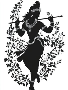 black silhouette krishna holding flute clip art preview