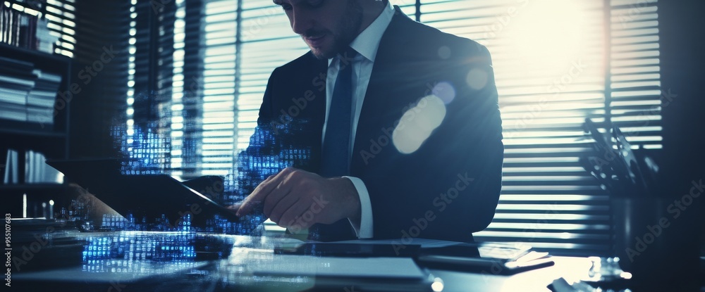 Poster a computer programmer uses a digital tablet to analyze big data, connect with stock, and utilize clo