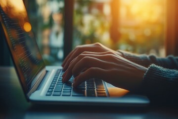The hands of a businesswoman are typing on a laptop computer on an office desk. The concept is of online working, internet networking, E-business, social media marketing.