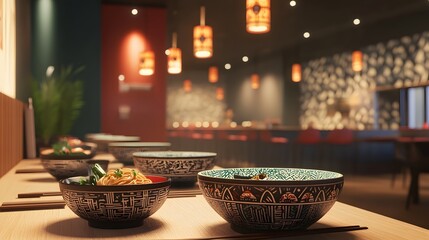 A modern dining atmosphere with cool tones and intricate 3D-rendered noodle bowls