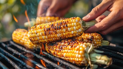 Chef grilling corn for dinner party on charcoal barbecue grill