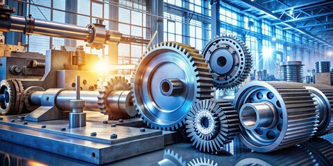 Modern industrial equipment and tools, including gears, cogs, and machinery, surrounded by technical drawings and diagrams, representing innovation and production in manufacturing industry.