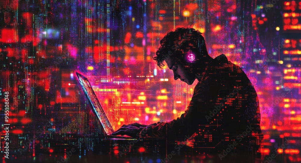 Poster concept of ai stocks and machine learning. businessman analyzing big data on laptop computer with ai