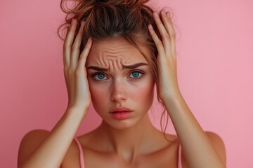 Fototapeta premium Young woman holding her head showing confused expression on pink background