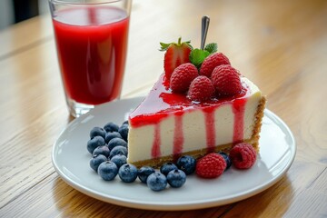 A slice of cheesecake topped with raspberries and a strawberry, served with blueberries and a glass of juice.
