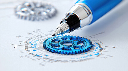 A close-up of a blue pen writing on a technical drawing featuring a detailed gear design, symbolizing innovation and engineering.