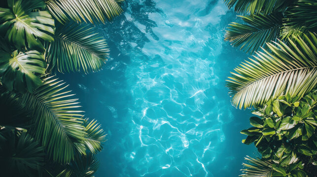 Pool Water View,  Aerial view of sparkling blue pool water with gentle ripples, surrounded by a sleek pool edge and lush palm leaves, perfect for banner backgrounds