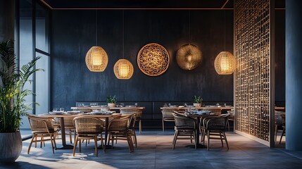A modern dining atmosphere with cool tones and intricate 3D-rendered noodle bowls