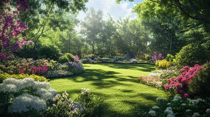 Fototapeta premium Vibrant garden with blooming flowers and lush greenery, embodying the beauty of summer flora